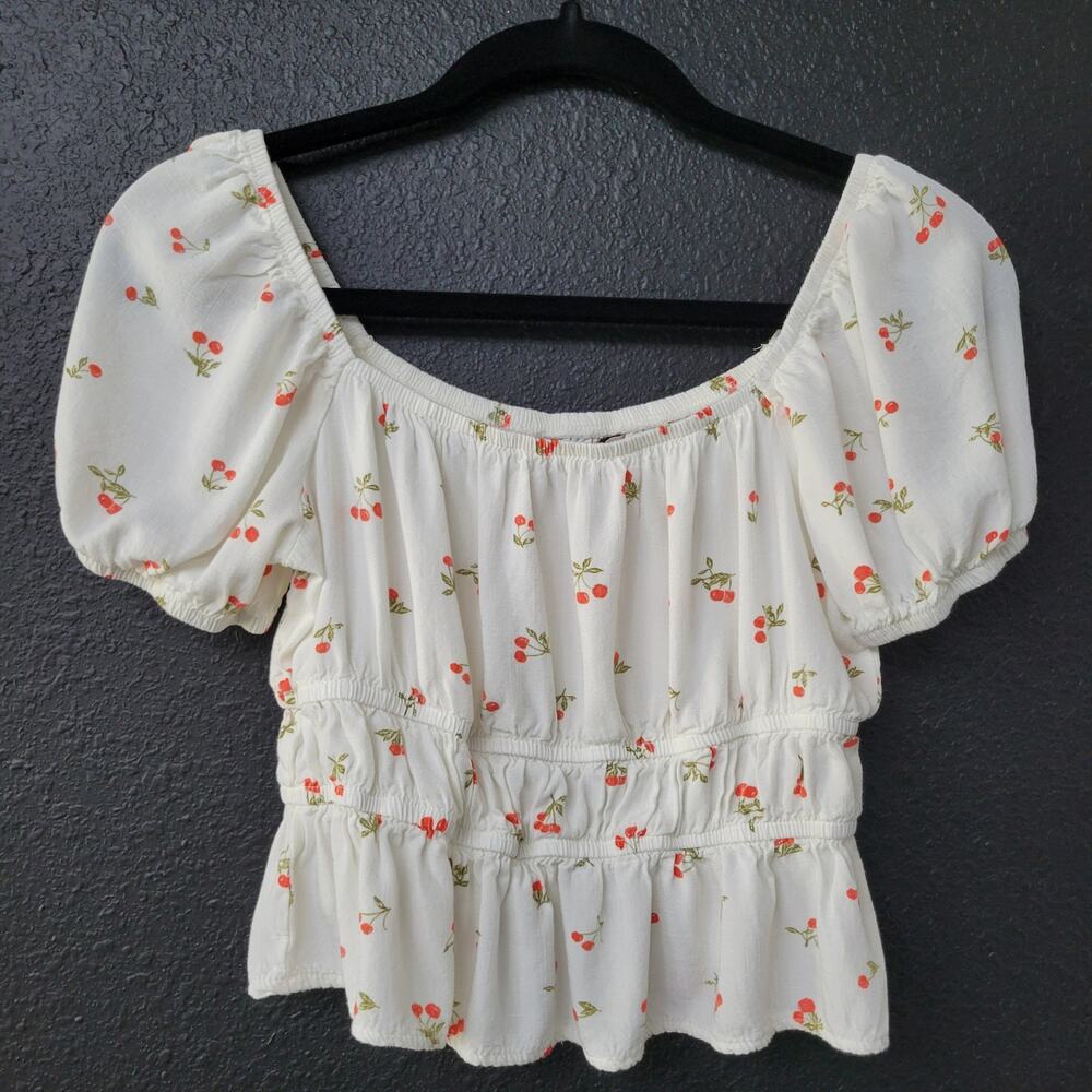 SO Goods For Life Cherry Top M Puff Sleeve Cottagecore Coquette Babydoll Blouse